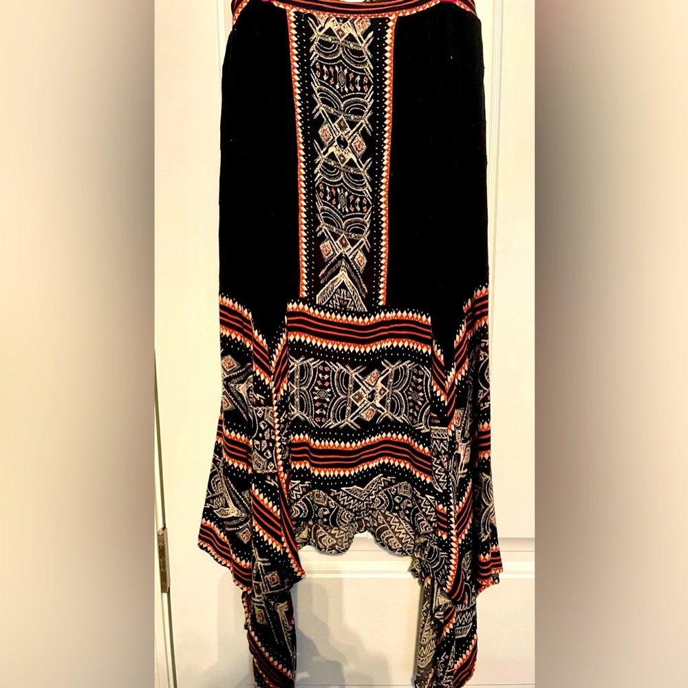 FREE PEOPLE Black Tribal Asymmetrical Hemline Handkerchief Midi Skirt Sz M